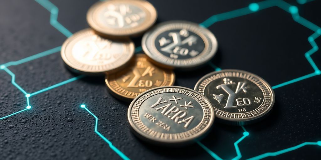 Japanese coins and digital currency imagery.