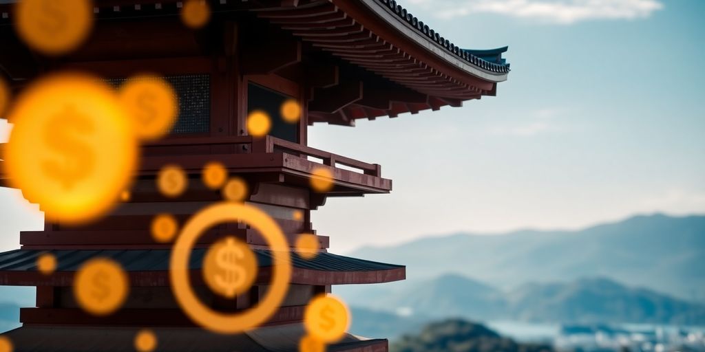 Japanese pagoda with digital currency floating around