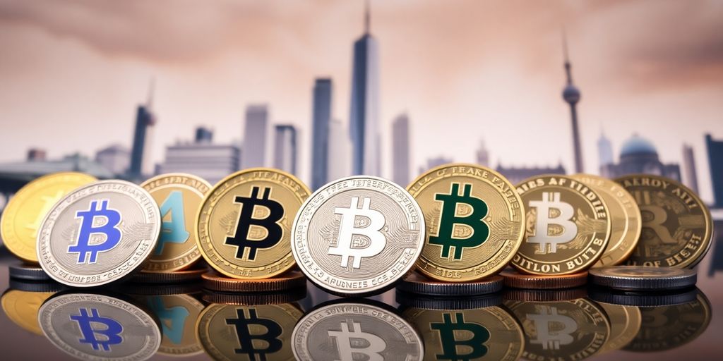 Diverse cryptocurrency coins on reflective surface with landmarks.