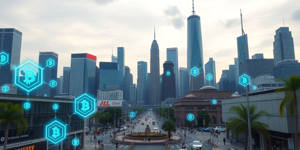 Modern city skyline with digital blockchain motifs overlay.