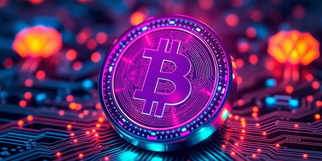 Futuristic digital token amidst glowing circuitry and tech background.