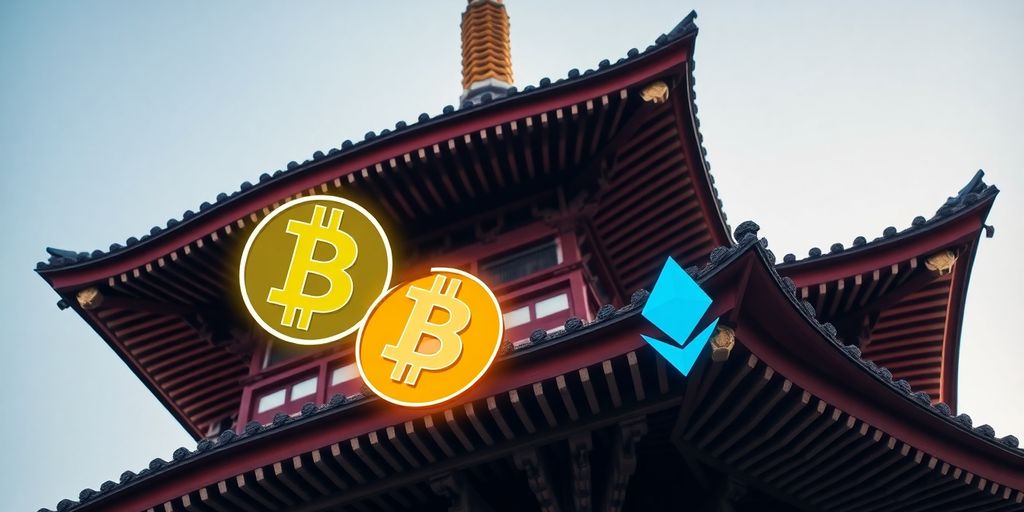 Japanese pagoda with digital currency symbols.