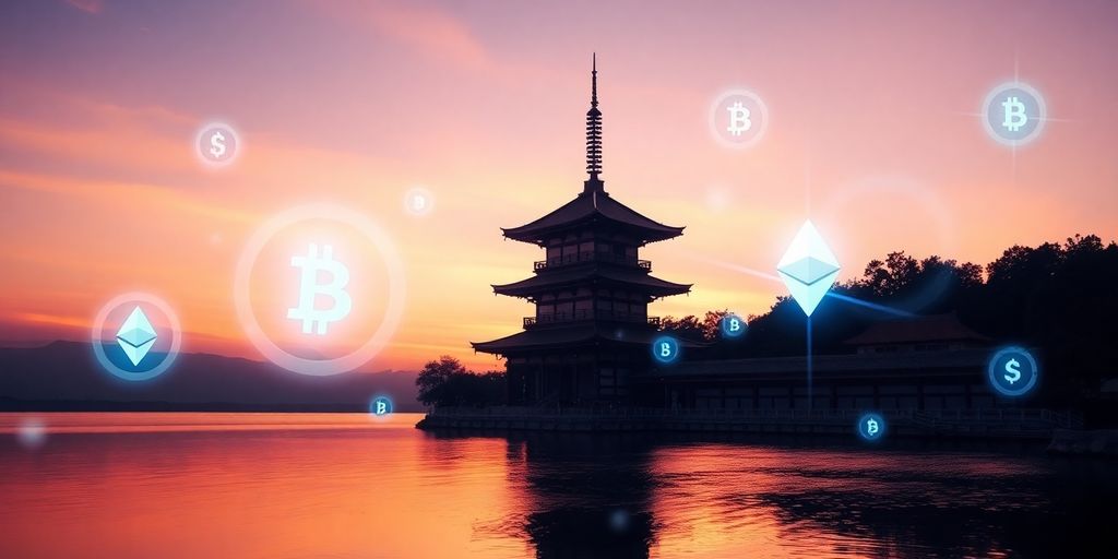 Japanese pagoda with digital currency floating around it.