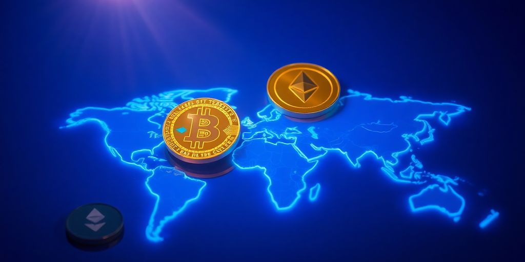 Digital coins and arrows over a world map.