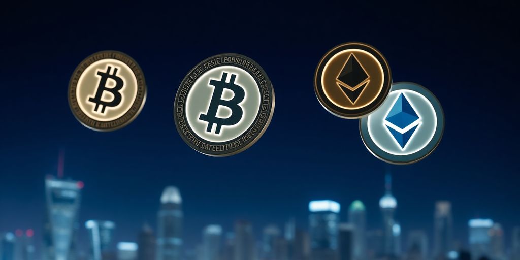 Digital coins soaring above a glowing city skyline.