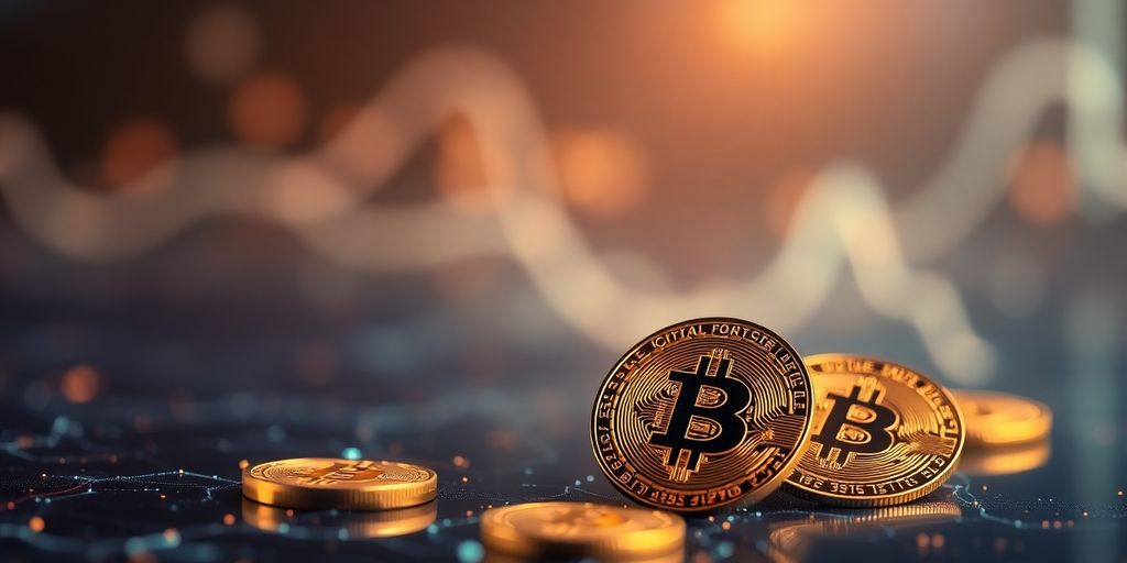 Golden crypto coins on a futuristic digital landscape.