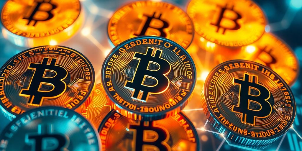 Digital currency coins reflect market volatility.