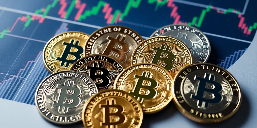 Photograph of crypto coins on a financial background.