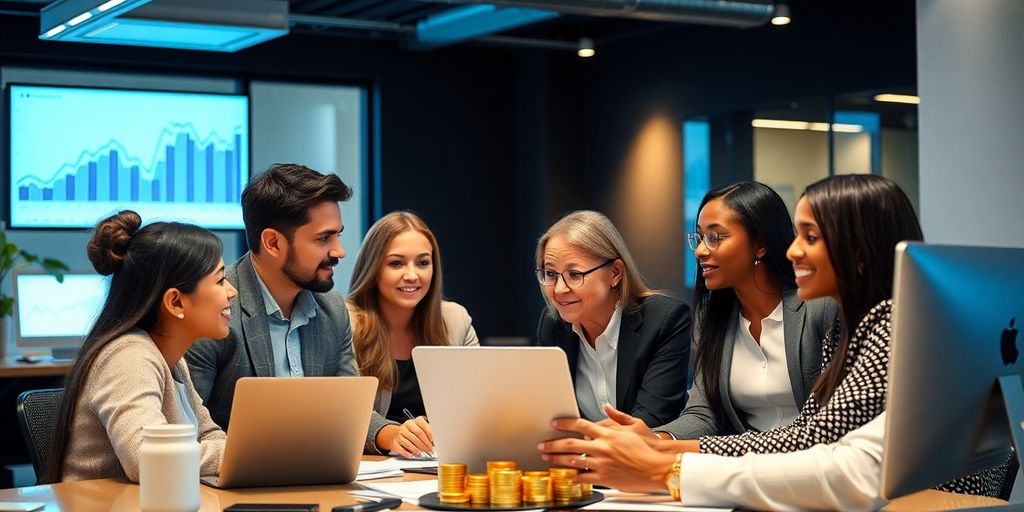 Diverse professionals discussing cryptocurrency regulations in a modern office.